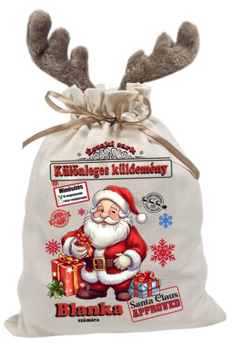 Névre szóló  rénszarvas agancsos mikulászsák, jó/rossz jelöléssel - vászon