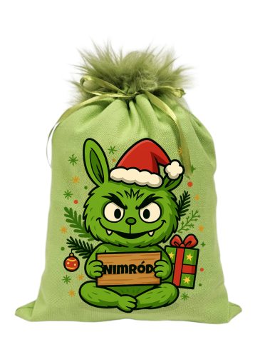 Névreszóló Grincsbubu mikulászsák zöld, műszőrrel - vászon