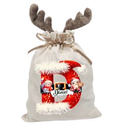   Kezdőbetűs, névre szóló  rénszarvas agancsos mikulászsák - vászon