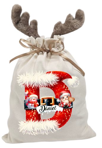 Kezdőbetűs, névre szóló  rénszarvas agancsos mikulászsák - vászon