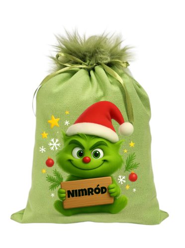 Névreszóló BabaGrincs mikulászsák zöld, műszőrrel - vászon