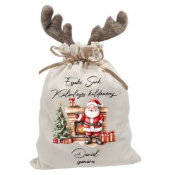   Vintage mikulás, kandallós, névre szóló  rénszarvas agancsos mikulászsák - vászon