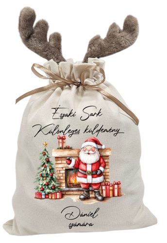 Vintage mikulás, kandallós, névre szóló  rénszarvas agancsos mikulászsák - vászon
