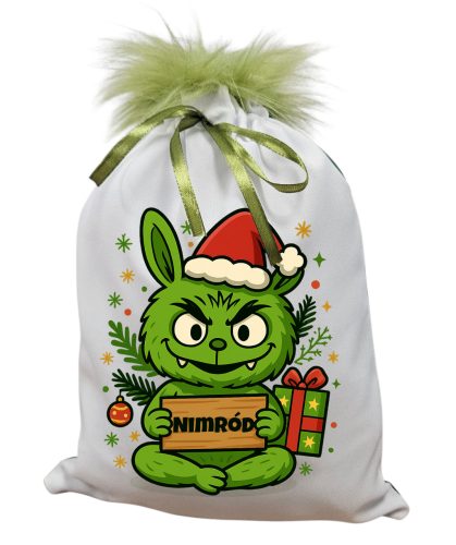 Névreszóló GrincsBubu mikulászsák zöld hátoldallal, műszőrrel 