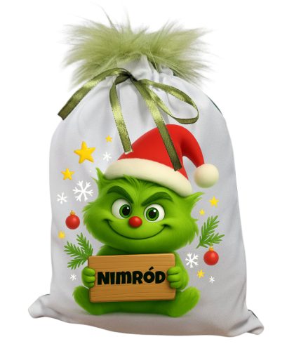 Névreszóló BabaGrincs mikulászsák zöld hátoldallal, műszőrrel 