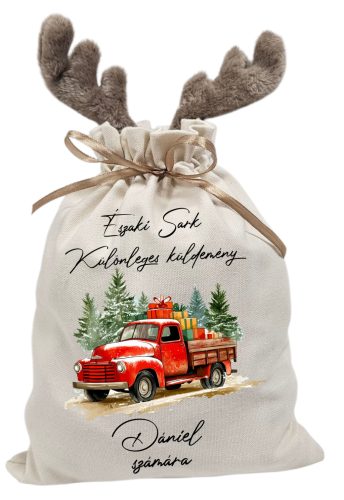 Vintage teherautó, névre szóló  rénszarvas agancsos mikulászsák - vászon