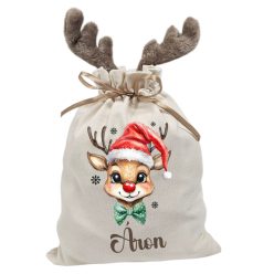   Fiús csokornyakkendős rénszarvas, névre szóló  agancsos mikulászsák - vászon