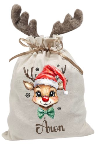 Fiús csokornyakkendős rénszarvas, névre szóló  agancsos mikulászsák - vászon