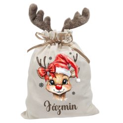   Lányos masnis rénszarvas, névre szóló  agancsos mikulászsák - vászon