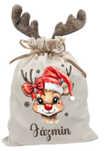 Lányos masnis rénszarvas, névre szóló  agancsos mikulászsák - vászon