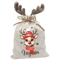   Lányos sálas rénszarvas, névre szóló  agancsos mikulászsák - vászon