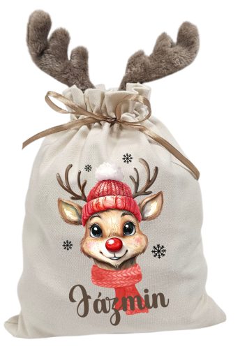 Lányos sálas rénszarvas, névre szóló  agancsos mikulászsák - vászon