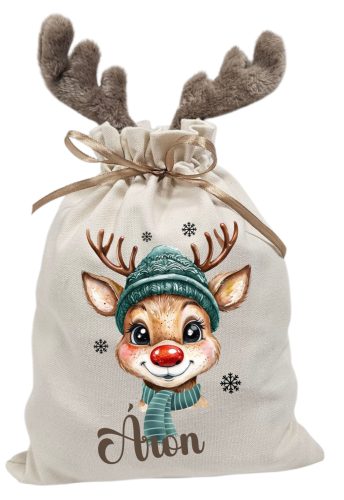 Fiús sálas rénszarvas, névre szóló  agancsos mikulászsák - vászon