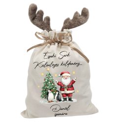   Vintage mikulás pingvinnel, névre szóló  rénszarvas agancsos mikulászsák - vászon