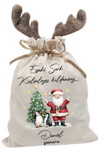 Vintage mikulás pingvinnel, névre szóló  rénszarvas agancsos mikulászsák - vászon