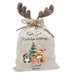   Vintage maci pingvinnel, névre szóló  rénszarvas agancsos mikulászsák - vászon