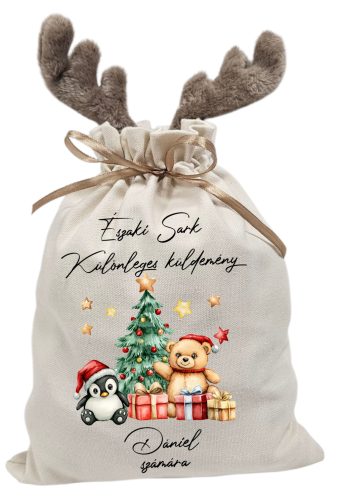Vintage maci pingvinnel, névre szóló  rénszarvas agancsos mikulászsák - vászon
