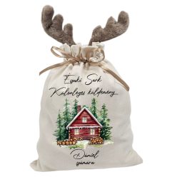   Vintage házikó, névre szóló  rénszarvas agancsos mikulászsák - vászon