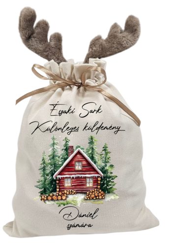 Vintage házikó, névre szóló  rénszarvas agancsos mikulászsák - vászon