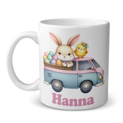 Húsvéti nyuszis bögre, rózsaszín kisbuszos