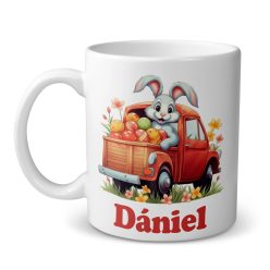 Húsvéti nyuszis bögre, piros teher autós